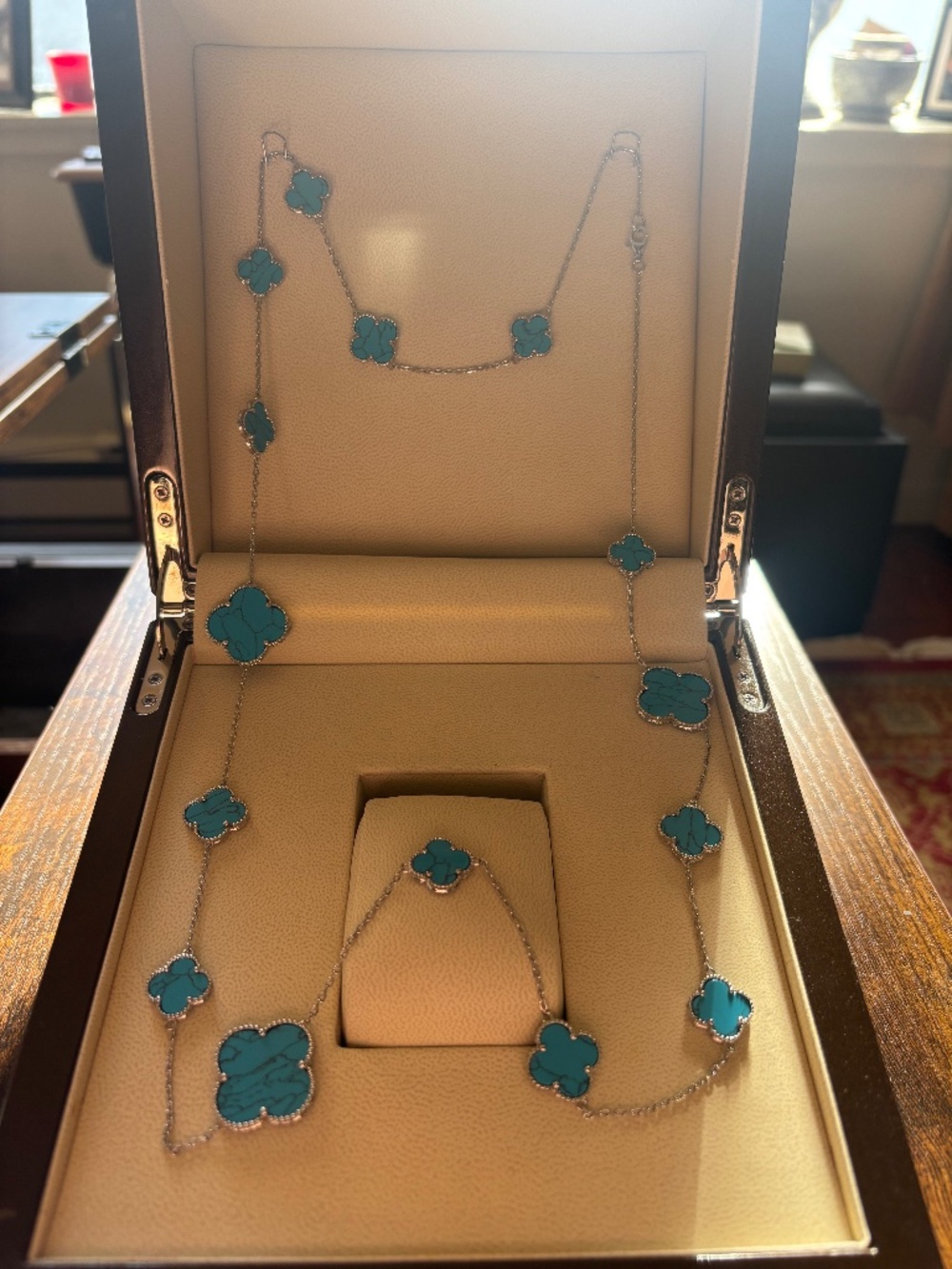 Long Stirling Silver Necklace with Turquoise and Pearl Clovers